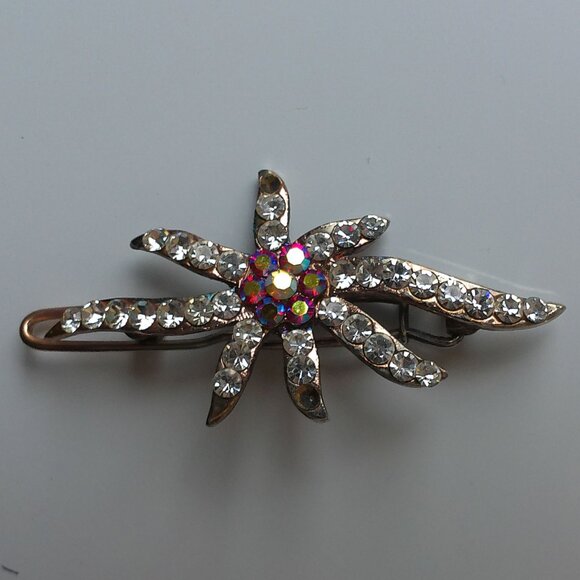 Floral Hair Clip, Gold/silver color, pink and white rhinestone, shiny crystals - Picture 1 of 7